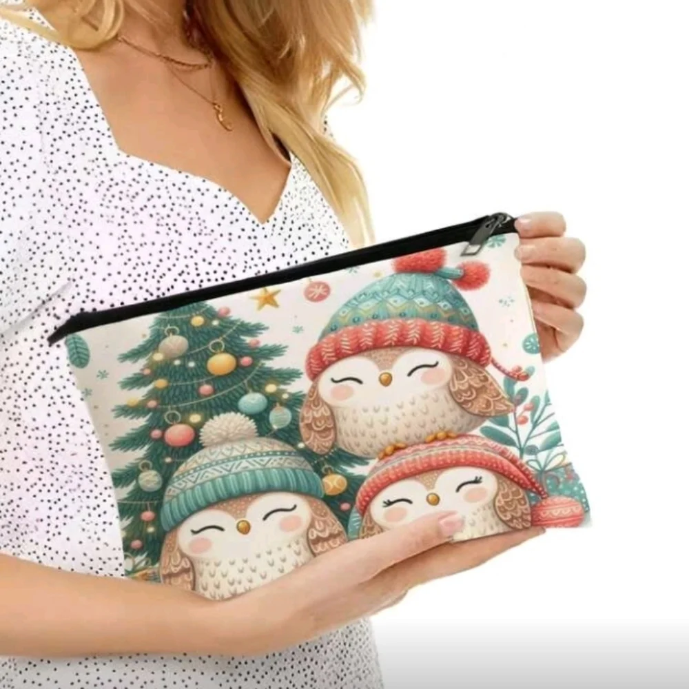 Christmas Birds Winter Tree Print Canvas Zip Purse Bag